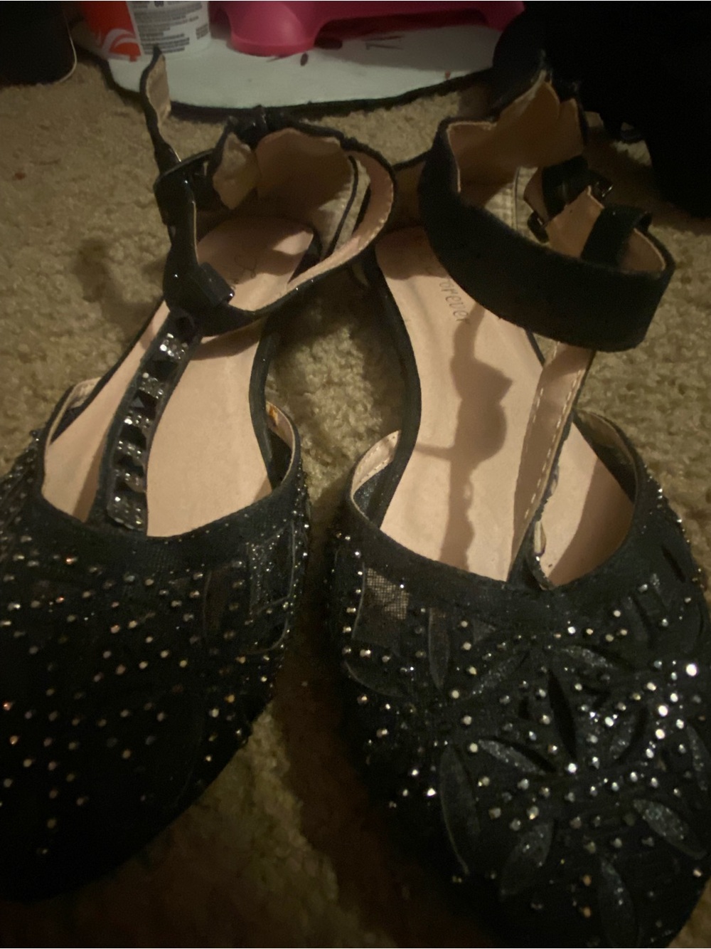 Women's Black Ankle-Strap Embellished Flats